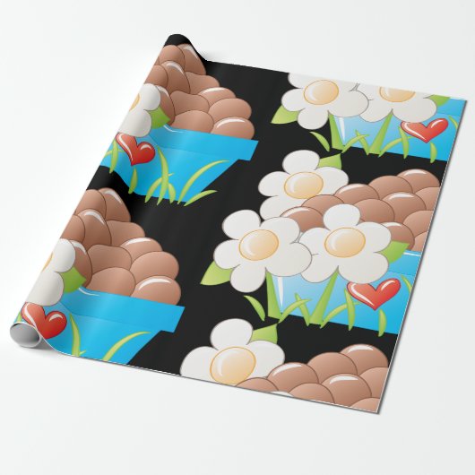 ブルーボウルに入った卵(花とハート) ラッピングペーパー (アンロールド)