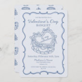 ブルーボウレトロハートコケットケーキバレンタイン 招待状 (正面/裏面)