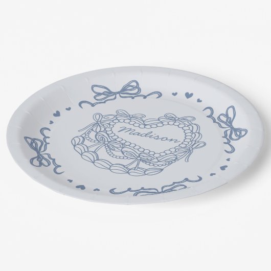 ブルーボウレトロハートコケットケーキパーソナライズされた ペーパープレート (アングル)