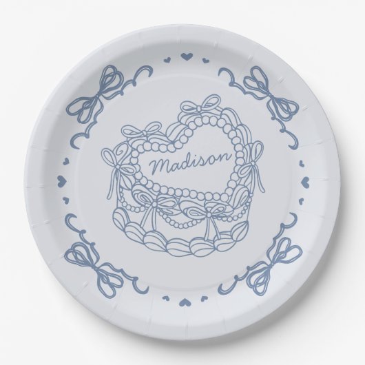 ブルーボウレトロハートコケットケーキパーソナライズされた ペーパープレート (正面)