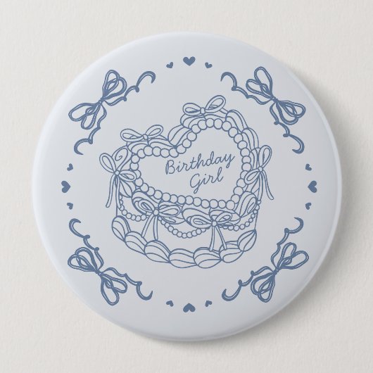 ブルーボウレトロハートコケットケーキ誕生日ガール 缶バッジ (正面)