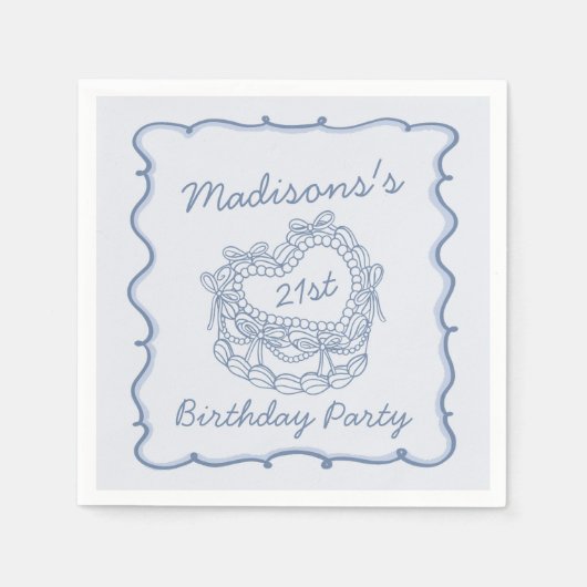 ブルーボウレトロハートコケットケーキ誕生日 スタンダードカクテルナプキン (正面)