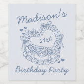 ブルーボウレトロハートコケットケーキ誕生日 ワインラベル (シングルラベル)