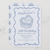 ブルーボウレトロハートコケットケーキ誕生日 招待状 (正面/裏面)