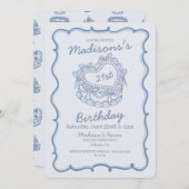 ブルーボウレトロハートコケットケーキ21歳 招待状 (正面/裏面)