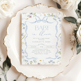 ブルーボウワイルドフラワーベビーイン開花男の赤ちゃんシャワー 招待状