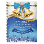 ブルーボウ付きの美しいゴールデンクリスマスベル ノートブック (正面)