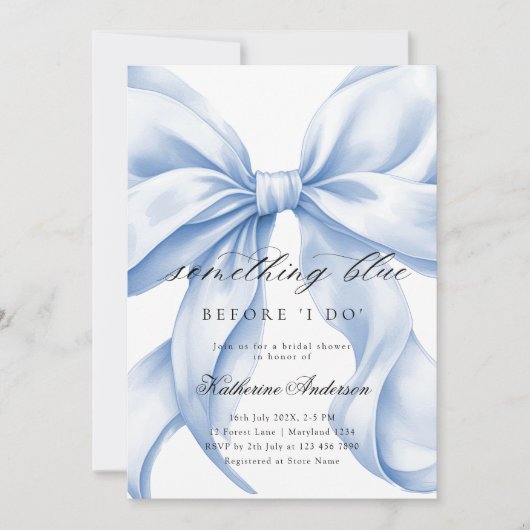 ブルーボウ何か青い前に私はブライダルシャワー 招待状 (正面)