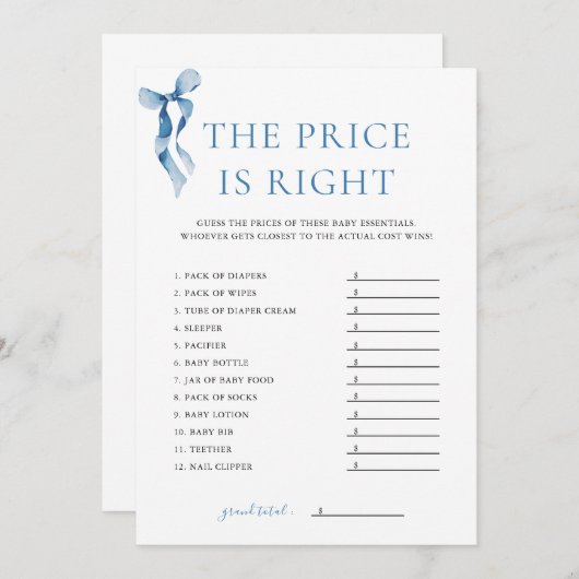 ブルーボウ価格は右ベビーシャワーゲームカード 招待状 (正面/裏面)