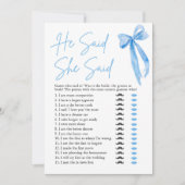 ブルーボウ彼は彼女はブライダルシャワーゲームを言った 招待状 (正面)