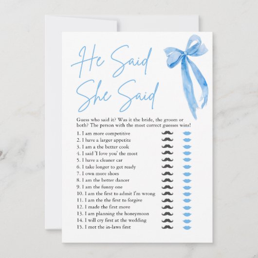 ブルーボウ彼は彼女はブライダルシャワーゲームを言った 招待状 (正面)