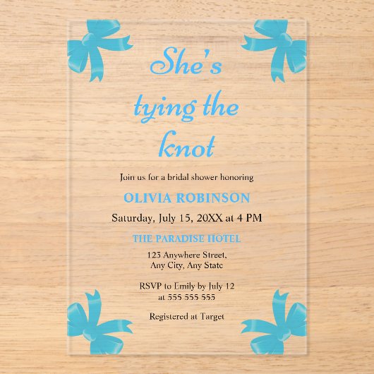 ブルーボウ彼女は結び目のブライダルシャワー アクリル招待状 (正面)