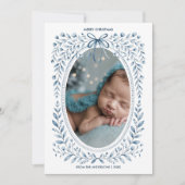 ブルーボウ水彩フローラ楕円形フォトクリスマス シーズンカード (正面)