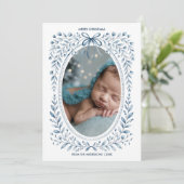 ブルーボウ水彩フローラ楕円形フォトクリスマス シーズンカード (スタンド正面)