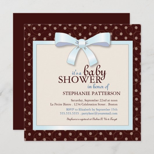 ブルーボウ水玉模様ボーイベビーシャワー招待状 招待状 (正面/裏面)