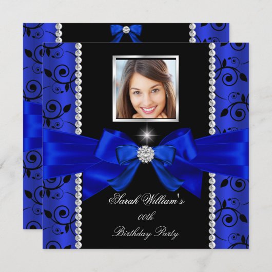 ブルーボウ王室のダマスク誕生日パーティシルバーフォト 招待状 (正面/裏面)