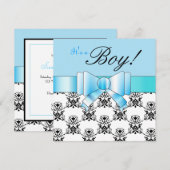 ブルーボウ男の赤ちゃんシャワーブラックアンドホワイトダマスク 招待状 (正面/裏面)