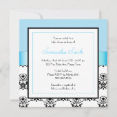 ブルーボウ男の赤ちゃんシャワーブラックアンドホワイトダマスク 招待状 (裏面)