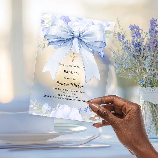 ブルーボウ花模様ボーイ澄んバプテスマ アクリル招待状