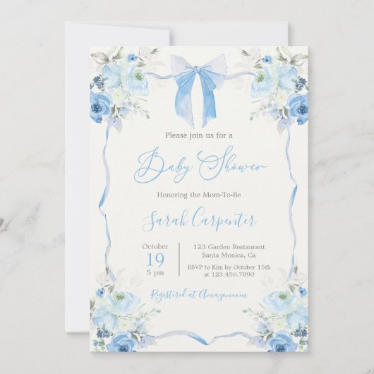 ブルーボウ赤ちゃんシャワーボーイ 招待状 (正面)