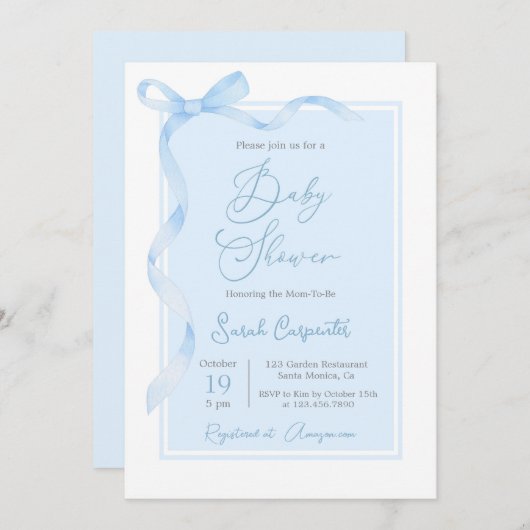 ブルーボウ赤ちゃんシャワーボーイ 招待状 (正面/裏面)