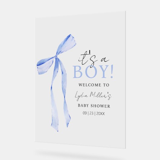 ブルーボウ赤ちゃんシャワー招待状、男の子ベイビーシャワー アクリルサイン (傾斜)