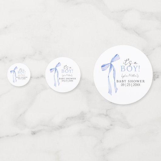 ブルーボウ赤ちゃんシャワー招待状、男の子ベイビーシャワー コンフェッティ (裏面)