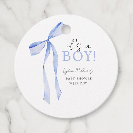 ブルーボウ赤ちゃんシャワー招待状、男の子ベイビーシャワー フェイバータグ (正面)