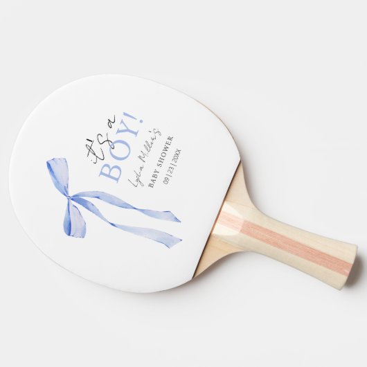 ブルーボウ赤ちゃんシャワー招待状、男の子ベイビーシャワー 卓球ラケット (横)