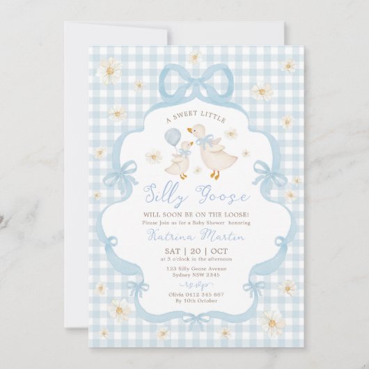 ブルーボウ間抜けグースデイジーフローラボーイベビーシャワー 招待状 (正面)