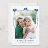 ブルーボウ飾りガーランドのメリークリスマスフォト シーズンカード (正面)
