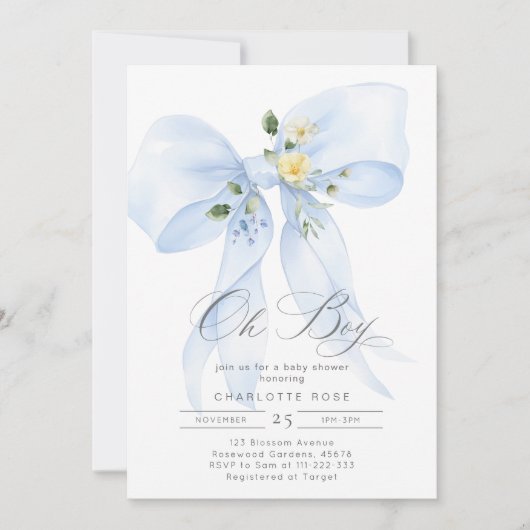 ブルーボウOhボーイウォーター色男の赤ちゃんシャワー 招待状 (正面)