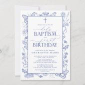 ブルーボエレガントタニカルバプテスマ&誕生日 招待状 (正面)