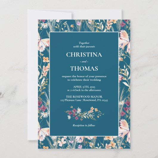 ブルーボエレガントーホワイルドフラワー結婚ズ 招待状 (正面)