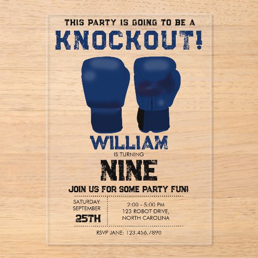 ブルーボクシング手袋子供の誕生日パーティーノックアウト アクリル招待状 (正面)