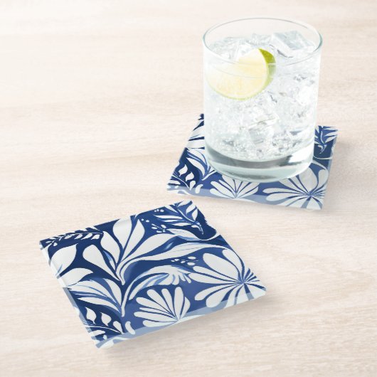 ブルーボタニカルウォーターの花の模様 ガラスコースター (アングル)