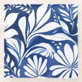 ブルーボタニカルウォーターの花の模様 ガラスコースター (正面)