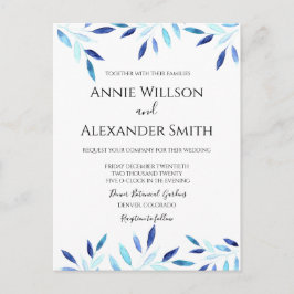ブルーボタニカルウォーターカラーウィンターウェディング招待状 ポストカード