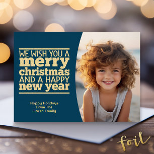 ブルーボタニカルクリスマスグリーティング – 1写真 箔シーズンカード