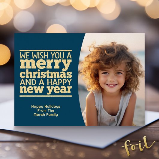 ブルーボタニカルクリスマスグリーティング – 1写真 箔シーズンカード