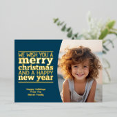 ブルーボタニカルクリスマスグリーティング – 1写真 箔シーズンカード (立ち正面)