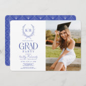 ブルーボタニカルクレストモノグラム卒業写真 招待状 (正面/裏面)