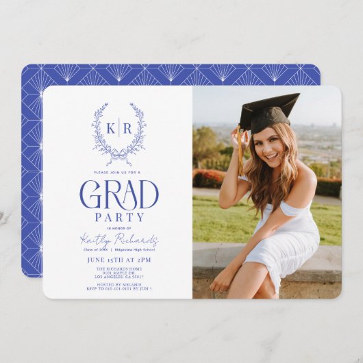 ブルーボタニカルクレストモノグラム卒業写真 招待状 (正面/裏面)