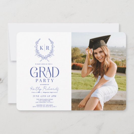 ブルーボタニカルクレストモノグラム卒業写真 招待状 (正面)