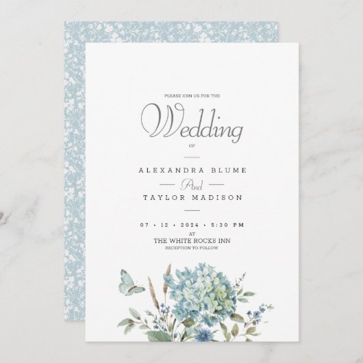 ブルーボタニカルボヘミアンウォーター結婚カラー 招待状 (正面/裏面)