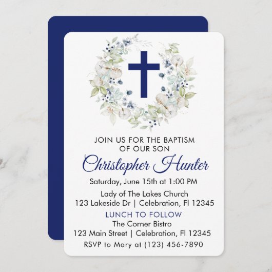 ブルーボタニカルリースボーイバプテスマ 招待状 (正面/裏面)