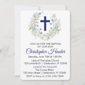 ブルーボタニカルリースボーイバプテスマ 招待状 (正面)