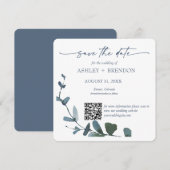 ブルーボタニカルリーフのSave the Date（QRコード+画像付き） 招待状 (正面/裏面)