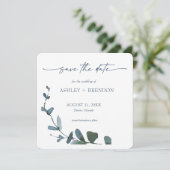 ブルーボタニカルリーフのSave the Date(QRコード+画像付き) 招待状 (スタンド正面)
