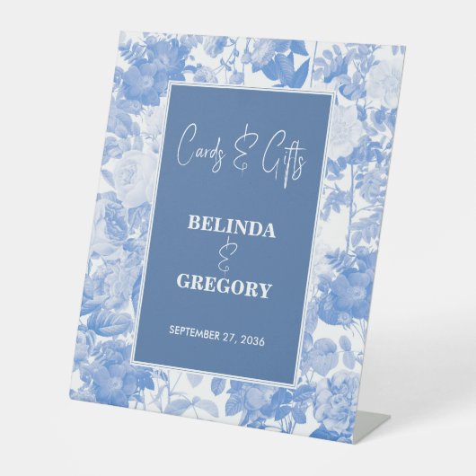 ブルーボタニカル花模様ウェディングカード&ギフト 台座サイン (正面)